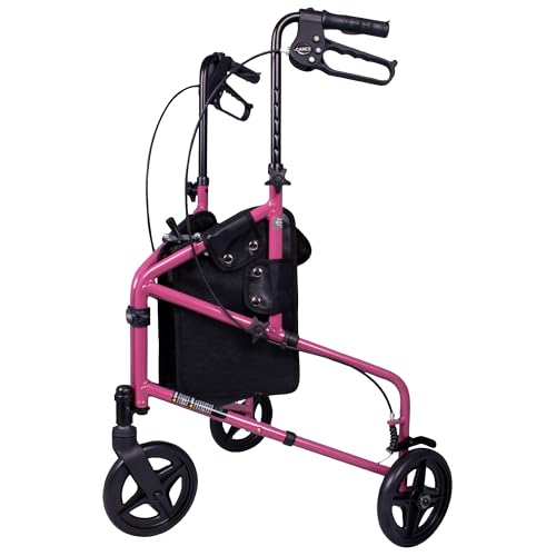 Carex 3 Wheel Walker for Seniors, Foldable, Rollator Walker with Three Wheels, Three Wheel Rolling Walker Height Adjustable for Seniors, Pink