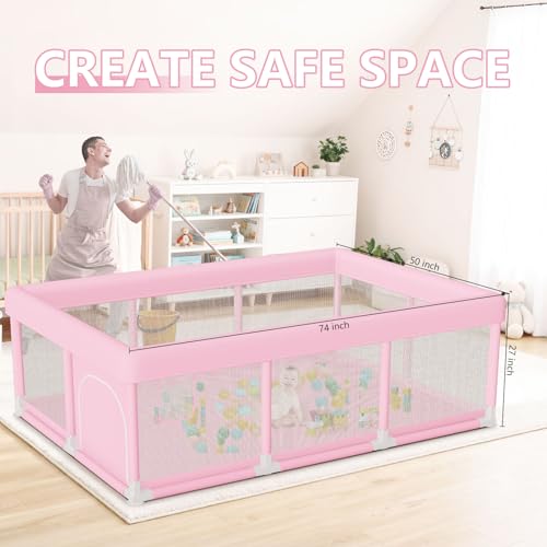 Image of Large Baby Playpen 74 inchx50 inch, Baby Girl Play Pen for Babies and Toddlers Pink, Safe Structure and Soft, Skin-Friendly Fabric with Zipper Gates