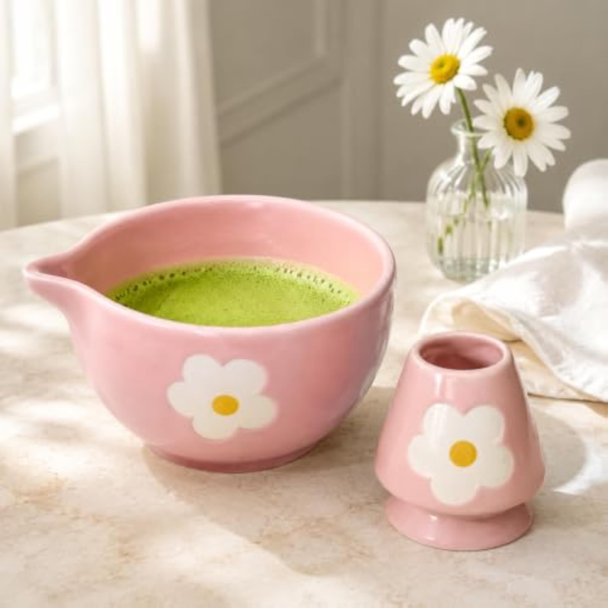 Ceramic Matcha Bowl with Spout & Whisk Holder, Pink Daisy