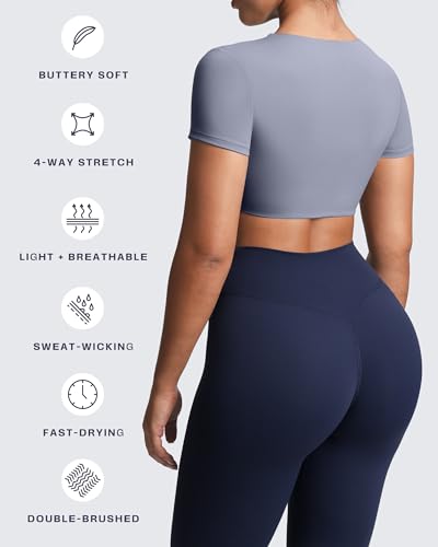 Image of Aoxjox Short Sleeve Crop Tops for Women Sienna Twist Deep V Workout Cropped T Shirt Top (Lazuli, Small)