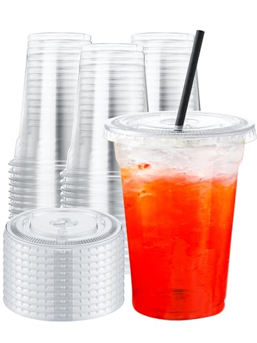 NEEBAKE Juego de 150 vasos de plástico desechables de 9 onzas con tapas, vasos transparentes para beber, vasos de plástico para café helado, batidos, bebidas frías