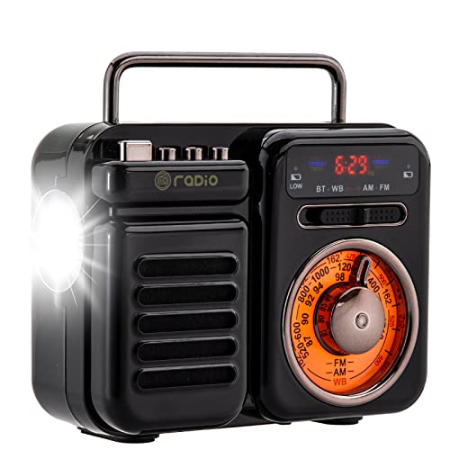 TKOOFN Bluetooth Solar Dynamo Kurbel Radio FM AM, Radio de secours rétro multifonctionnelle portable avec lampe de poche à LED + 2000mAH en tant que Banque d'alimentation + USB Music Play + Sos Signal