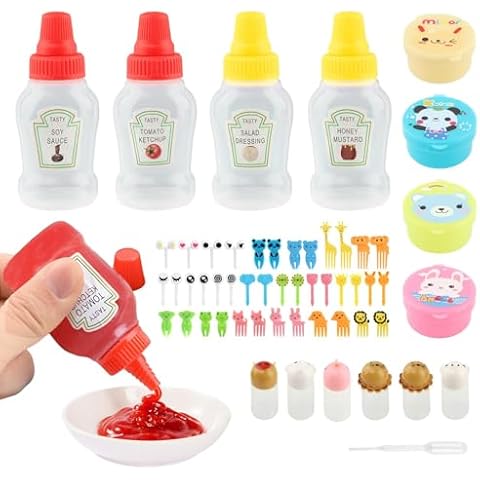 NINEFOX 55 Pcs Lunch Bento Box Accessories, Including Mini Condiment Squeeze Bottle, Salad Dressing Condiment Box, Fruit Fork, Dropper, for Kids School Bento Camping Office Accessories Cover