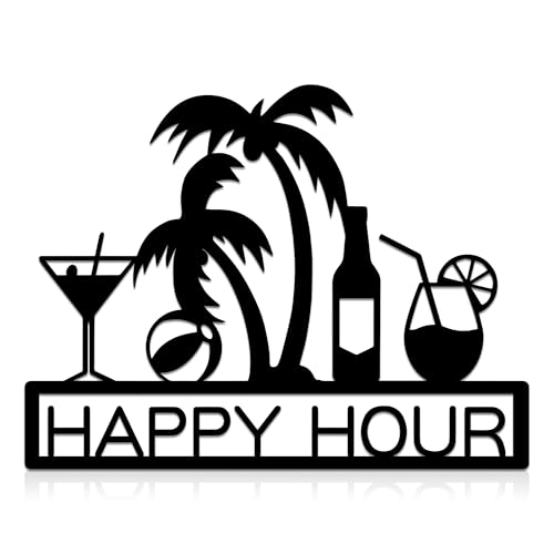 Vintage Metal Bar Wall Art - Happy Hour Home Bar Decor, Rustic Indoor/Outdoor Pub Wall Decorations for Patio & Man Cave, 13.4x10.2 Inch Weather-Resistant Metal Decor (Black)