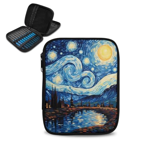 Image of Hudotybom Crochet Hook Case Starry Night Crochet Hook Holder Portable Crochet Hook Storage Bag with Web Pockets Suitable for Crochet Needles /Knitting Accessories