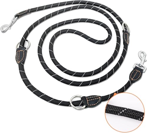 Trhillsbrad Guinzaglio per cani, 5 m x 14 mm, regolabile, per cani di taglia media, multifunzione, doppio guinzaglio, robusto, nero