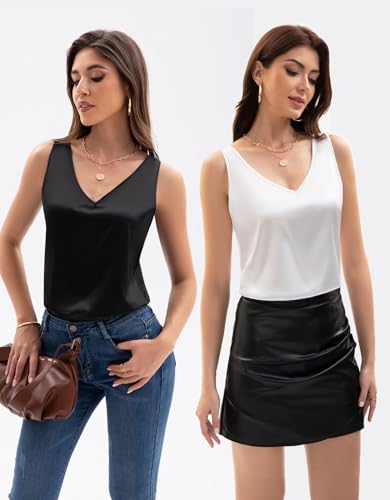4 Pack Women's Tank Tops Silk Satin V Neck Sleeveless Blouse Summer Basic Camisole Shirt4