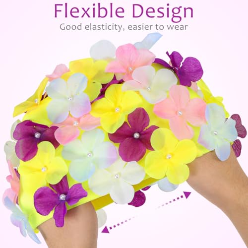 Image of Housoutil Flower Swim Cap for Women, Floral Swimming Cap Waterproof Bathing Hat, Stylish Swim Hat for Adult Women, Colorful Large Size