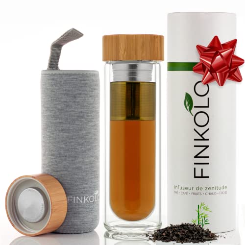 Finkolo Bouteille Isotherme à Infusion en Verre - Thermos Infuseur à Thé, Café - Gourde à Jus de Fruit - Borosilicate Double Paroi avec Filtre en Acier Inox, Couvercle en Bambou, Housse - 420 ml
