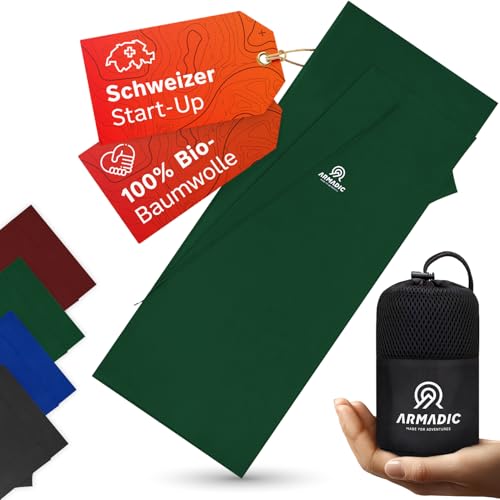 Armadic Hüttenschlafsack aus 100% Bio-Baumwolle mit Reißverschluss (nur 380g) - Ultra leicht, klein und dünn. Reiseschlafsack, Schlafsack Inlett I Ideal für Backpacking, Hostels und Berghütten (Grün)