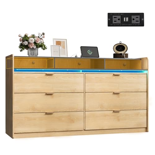 WLIVE 9 Drawer Led Dresser for Bedroom, 58.35'' Wide Wood Dresser Storage Organizer with Power Outlets for 65'' TV, Dressers with Open Shelves, Chest of Drawers for Closet, Living Room, Light Oak