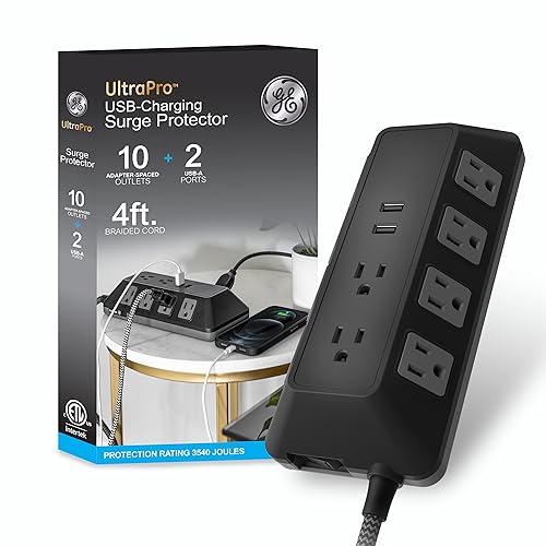 GE Surge Protector Power Strip with USB Ports 4 Ft Braided Extension Cord 3540 Joules 10 Outlet Extender (Wide Spaced) 2 USB-A Flat Plug Wall Mount ETL Safety Certified Black 73775