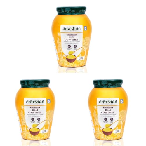 Image of Anveshan A2 Cow Ghee 1 Litre | Traditionally Bilona-Churned, Danedar Ghee | Aromatic| NABL Lab Tested (70+ tests), Cruelty-Free | Grass-Fed | Glass Jar (Pack of 3)
