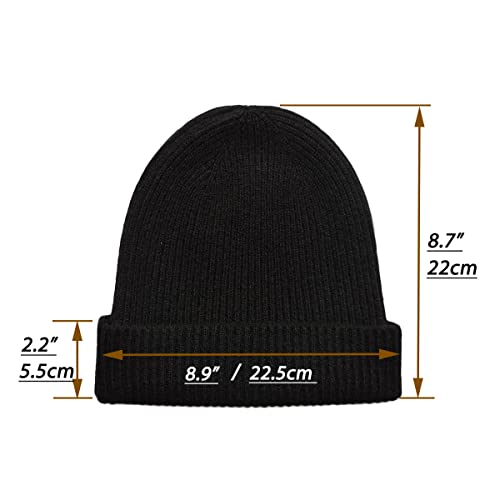 100% Pure Cashmere Fisherman Ribbed Beanie Hat Skull Cap For Women Men Unisex In 3Ply Yarns, Made By Prime Mongolian Cashmere Yarns (Black) #TOP2