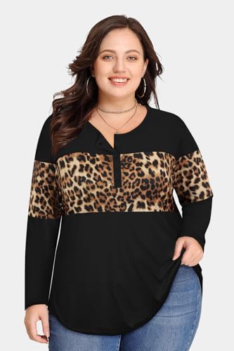 Image of CARCOS Plus Size Tops for Women Long Sleeve Fall Tunic Color Block Camo /Plaid /Leopard /Fall Blouse Crewneck Tshirt XL-5XL