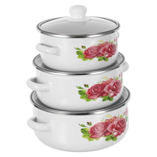jojofuny Olla Esmaltada de 3 Piezas con Doble Asa y Base Plana, Distribución del Calor y Diseño Retro Floral para Cocinar Sopas y Caldos