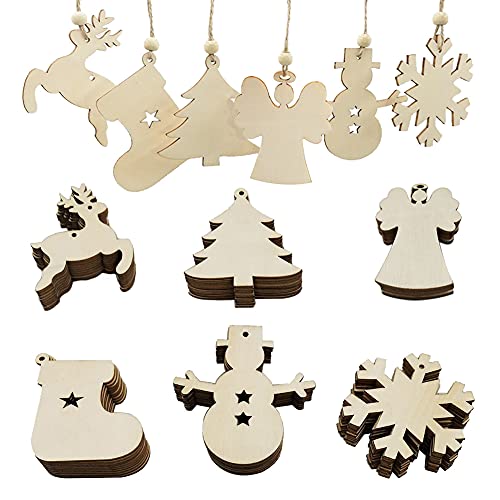 PUERHUACI Adornos Navidad de Madera, 60 Colgantes para Decoración Navideña, Astillas DIY, Manualidades para Festival (6 Formas)