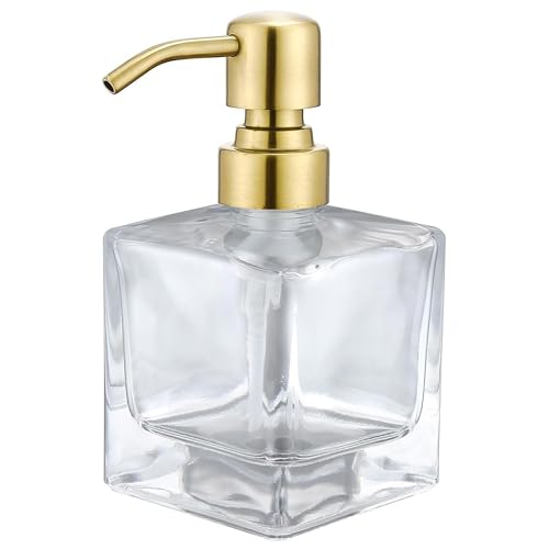 Image of Square Bathroom Soap Dispenser Brushed Gold, Glass Bottles with Stainless Steel Pump 8.4 OZ Cube Liquid Soap Dispenser Hand Kitchen