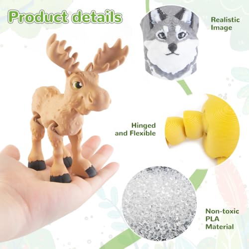Image of cobinaan 6PCS 3D Printed Safari Animals Figures Toys Bear Bison Moose Wolf | Flexible Articulated Fidget Toys, Child-safe PLA Plastic, Party Favors Birthday Gifts Cake Topper Home Office Desk Decor