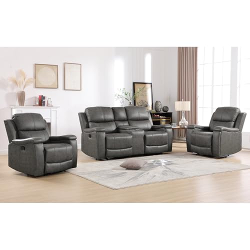 Image of CANMOV Faux Leather Manual Reclining Sofa Set, 2 Manual Single Recliner Chairs and 2 Seat Recliner Loveseat with Center Console, Hidden Storage and Cup Holders for Living Room,Bedroom Furniture,Grey