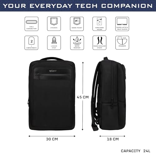 Image of F Gear Kingsley 24L Premium Black Tech Laptop Backpack with Type-C Charging Port|2 Compartments, 1 Front Pockets & 1 Hidden Pocket|Fits 17-inch Laptop|Executive & Travel Bag|Men & Women