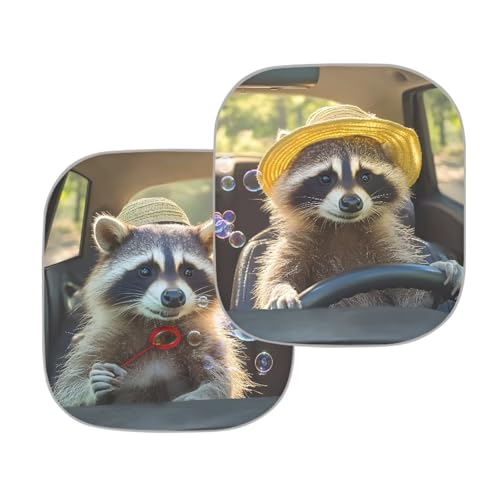 Image of Cute Raccoon 2 PCS Car Window Shades Foldable Automotive Front Window Sunshade Protector Heat and UV Rays That Keeps Vehicle Cool Universal Vehicle Accessories