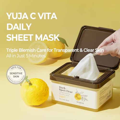 Image of SKINFOOD Yuja C Vita Daily Sheet Mask, Korean 5-Minute Quick Skincare Hack, Triple Blemish & Dark Spot Care, Skin Tone Improvement Face Mask for Transparent and Clear Skin, Bulk Pack (30EA)