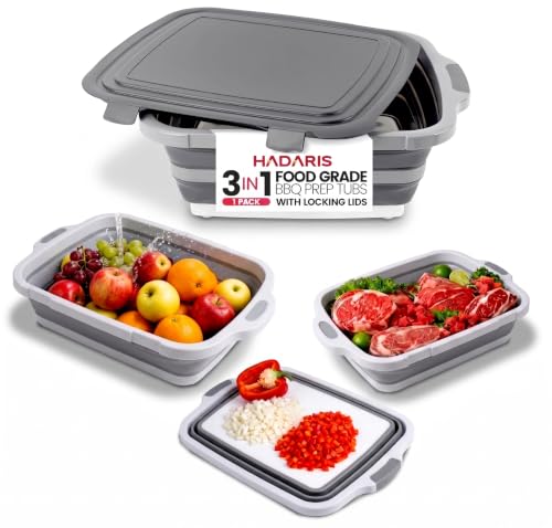 HADARIS Collapsible Sink & BBQ Prep Tub with Cutting Board Lid (8L) - Foldable Camping Wash Basin, Dish Tub & Food Storage Bin - Portable Meat Marinade Tray for Grilling, Smoker & Kitchen