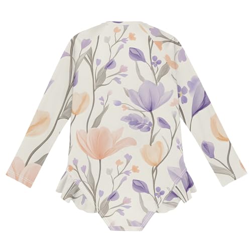 Girls One Piece Swimsuits Long Sleeve Swimsuit Zipper Bathing Suits Purple and Flesh-Colored Flowers Pattern2