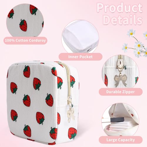 Image of Period Bag for Women, Portable Corduroy Sanitary Napkin Storage Bag Strawberry Period Pouch with Zipper, Sanitary Pads Bag Tampons Holder for Purse, First Period