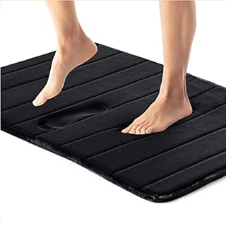 Gorilla Grip Memory Foam Bath Rug, Thick Soft Striped Bathroom Mat, Absorbent Decorative Mats, Machine Washable, Durable Backing, Luxurious Comfortable Rugs for Shower and Tub Floor, 24x17, Black
