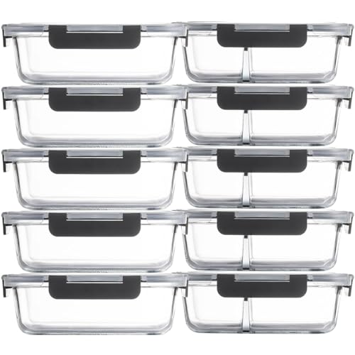 DAMAIXINGSHUO Glass Food Storage Containers(5 Pieces with Partitions,5 Pieces without Partitions),Glass Meal Prep Containers with Snap Lock Leakproof Lids,for Microwave,Freezer,Oven and Dishwasher