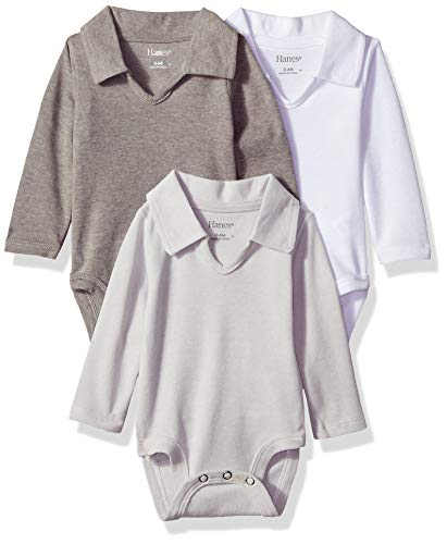 Hanes Ultimate Baby Flexy 3 Pack Long Sleeve Polo Bodysuits, Grey, 0-6 Months