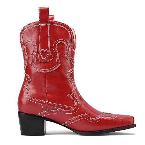 Image of Womens Embroidered Cowgirl Boots Pull On Cowboy Boots for Women Floral Low Chunky Heel Western Boots
