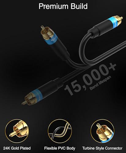 BlueRigger RCA Audio Subwoofer Cable (15FT, Dual Shielded, Gold Plated RCA Connectors) – for Subwoofer, Amplifier, Home Theater