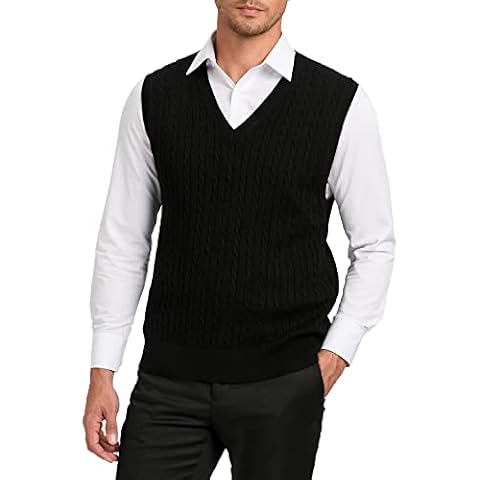 Kallspin Men's Cashmere Wool Blended Sweater Vest Cable Knit V Neck Sleeveless Relaxed Fit Jumpers (Black, 3X-Large) Cover