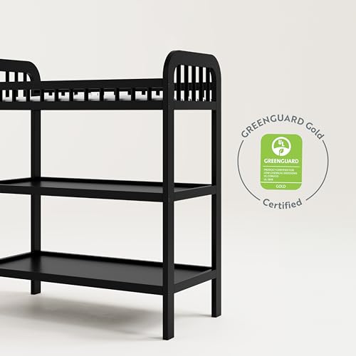 Image of Storkcraft Pasadena Changing Table with Water-Resistant Changing Pad (Black) - GREENGUARD Gold Certified, Includes Bonus Water-Resistant Changing Pad with Safety Strap, 2 Open Shelves