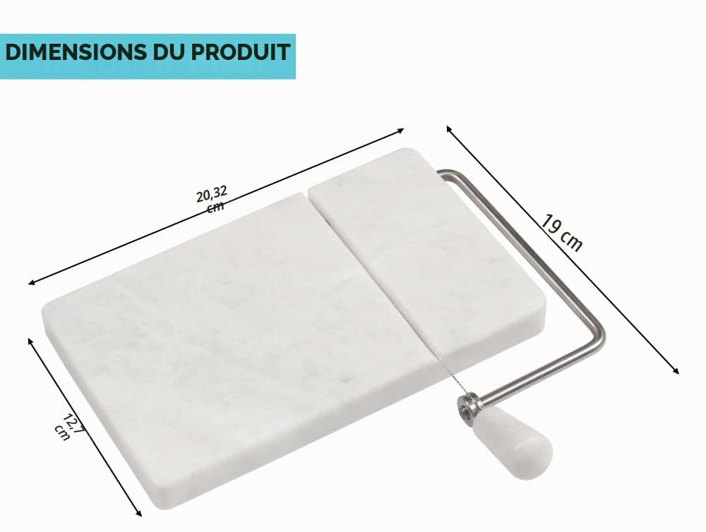 Radicaln Trancheuse à fromage, aliments mous en marbre blanc, planche à découper artisanale avec fil métallique - Coupe-légumes, 4 fils de rechange, 20,3 x 12,7 cm
