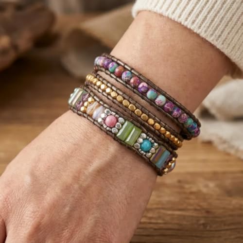 Image of YGLINE Boho Handmade Wrap Leather Tube Crystal Stone Bracelet for Women
