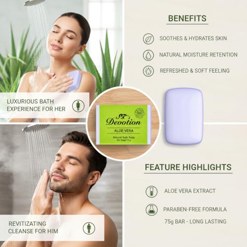 Image of Devotion Aloe Vera Natural Bath Soap | 75g | Pack of 6 | Moisturizing & Soothing | Gentle, Natural Ingredients