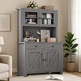 63" Kitchen Pantry Storage Cabinet with Drawers, Kitchen Hutch with Microwave Stand, Adjustable Shelves, Freestanding Hutch Cabinet for Dining Room, Living Room, Gray