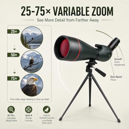 Image of HINISO 25-75x100mm ED Spotting Scope with HD Optics, BAK4 Prism, Dual Focus Knob, Waterproof & Fog Proof Telescope for Bird Watching, Hunting, Wildlife, Stargazing with Tripod & Phone Adapter