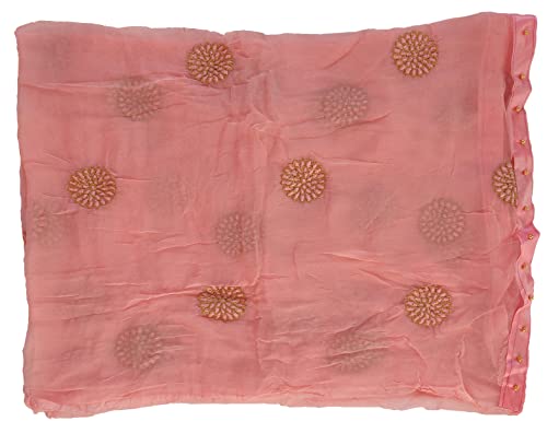 Image of YOUTHQUAKE Golden Floral Embroidery Work Chiffon Dupatta for Womens & Girls with Fancy Moti Lace