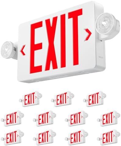 Amico 12 Pack Red Exit Signs with Emergency Lights, Commercial Grade, 94V-0 Fire Resistant Housing, Two LED Adjustable Head, Emergency Exit Sign with Lights Battery Backup, ETL Certified, AC 120/277V