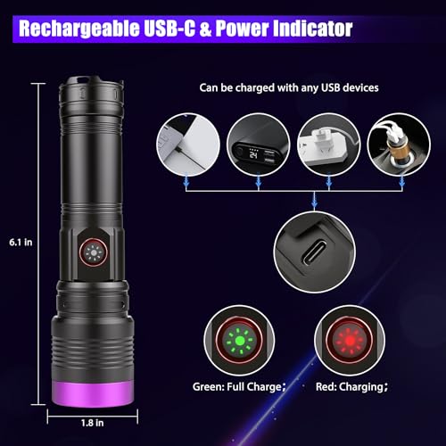 Image of 365nm UV Flashlight Rechargeable Black Light Flashlights Adjustable Focus | Blacklight Powerful, Pet Urine Detection, Ultraviolet, Resin Curing, Rocks, Scorpions, Blood Tracking, Uranium Glass