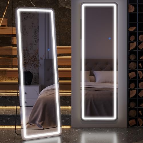 ZKIODV Espejo de pie Cuerpo Entero con luz led, 160 x 50 Espejo de Pared, Espejo Grande con iluminación, Espejo de pie con Soporte para Dormitorio, salón, Pasillo (Negro)