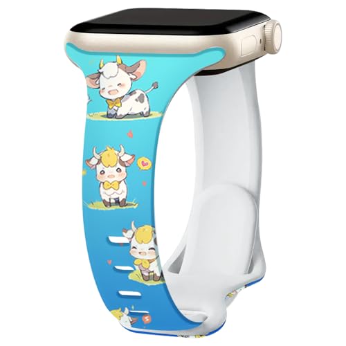 Image of Slim Cute Cartoon Band Printed Compatible with Apple Watch Bands 49mm 46mm 45mm 44mm 42mm 41mm 40mm 38mm Women, Silicone Adorable Printed Fadeless Pattern Design Strap for iWatch Series 11 10 9 8 7 6 5 4 3 2 1SE Cow