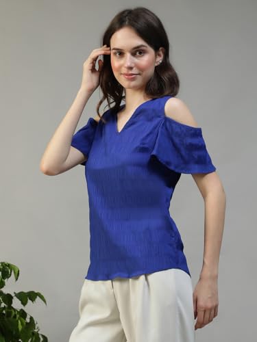 Image of oxolloxo Women Solid V-Neck Short Sleeve Cold Shoulder Yarn-Dyed Dobby Top