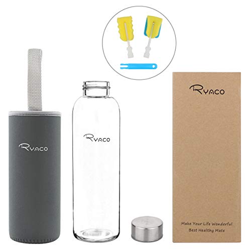 Image of Ryaco 550ml /18oz Water Bottle, Portable Glass Water Bottle with Sleeve for Hot and Cold Drinks, BPA Free, Glass Bottle with Sponge Brush, Dishwasher Safe