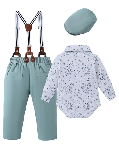 Image of nilikastta Baby Boy Wedding Outfits Infant Baby Boy Clothes Suit Dress Shirts /Suspender Pants /Bowtie /Beret Hat 0-18M